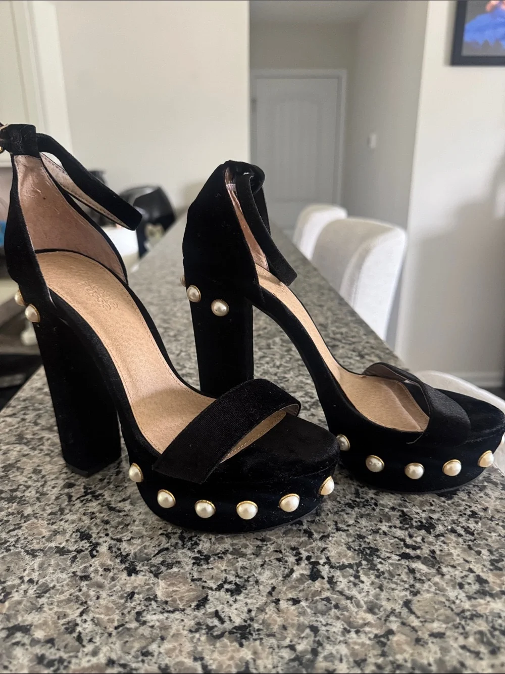 Black Pearl-Embellished Platform Heels - Women